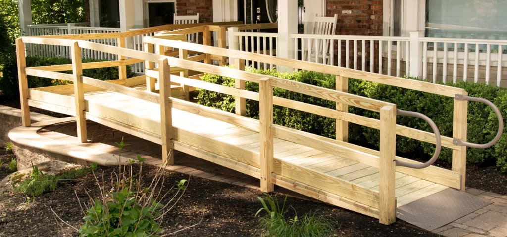 custom-built timber wheelchair ramp with sturdy handrails